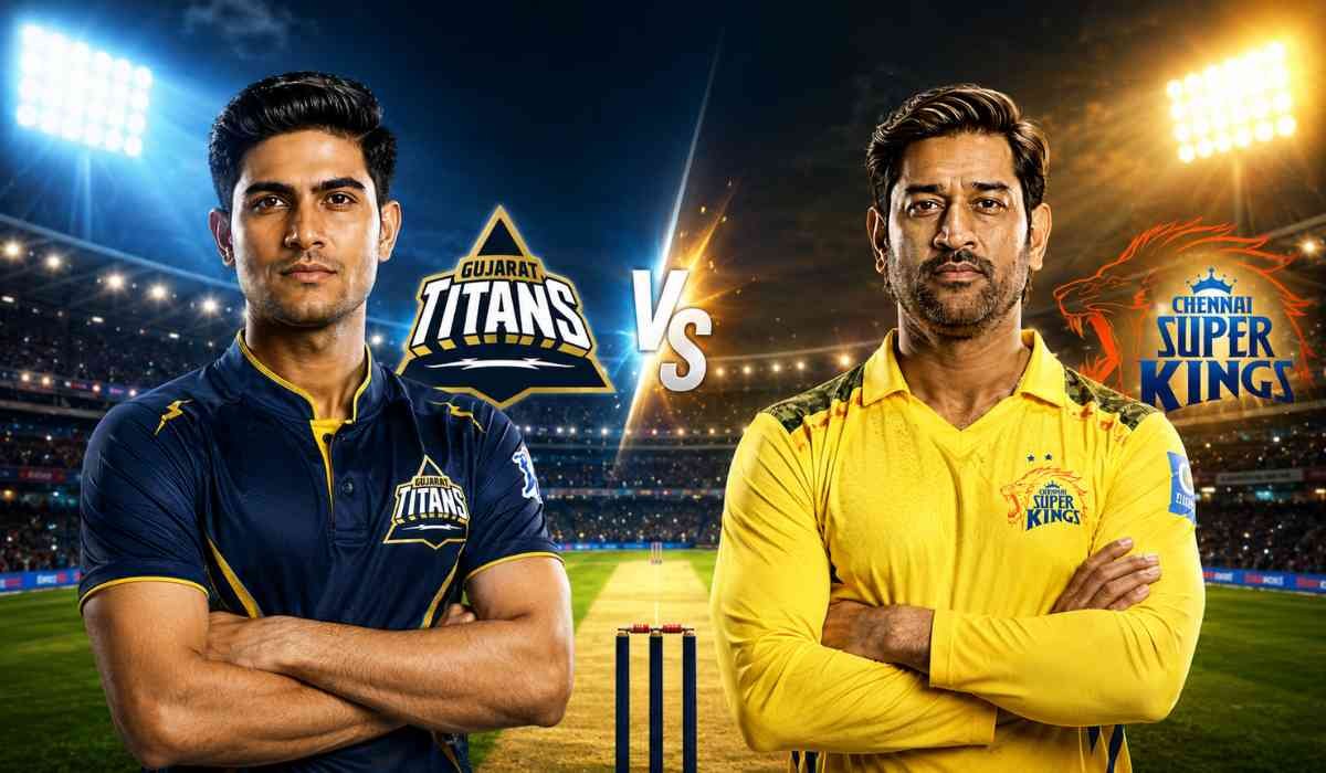 अहमदाबाद के नरेंद्र मोदी स्टेडियम में GT vs CSK मैच पोस्टर, जिसमें गुजरात टाइटंस और चेन्नई सुपर किंग्स के खिलाड़ी आमने-सामने खड़े हैं।