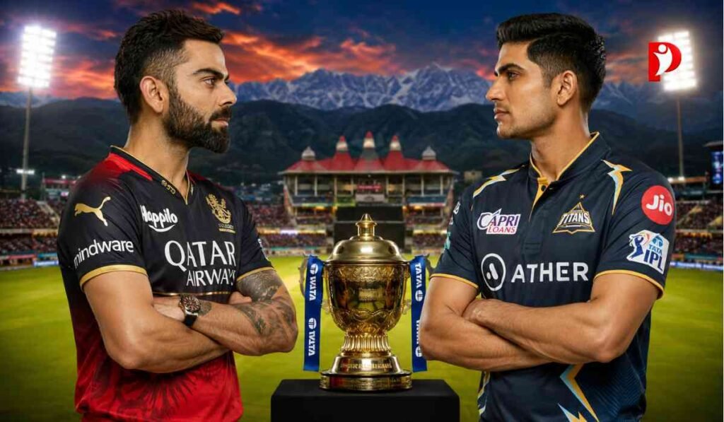 RCB vs GT Qualifier 1 IPL 2026 match poster featuring Virat Kohli and Shubman Gill at Dharamsala stadium before IPL playoff clash