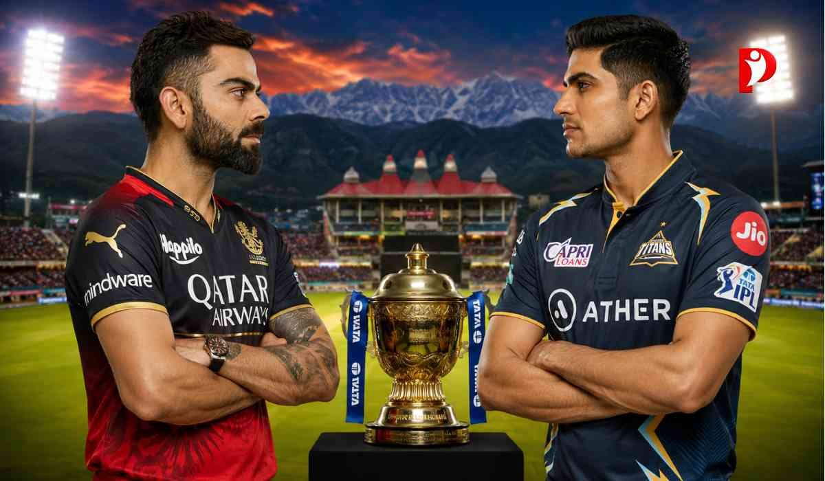 RCB vs GT Qualifier 1 IPL 2026 match poster featuring Virat Kohli and Shubman Gill at Dharamsala stadium before IPL playoff clash