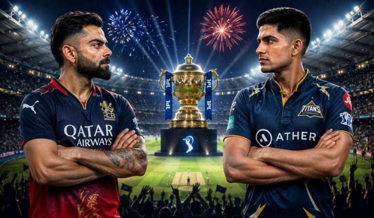 IPL Final 2026 को दर्शाती हाई-क्वालिटी इमेज जिसमें Virat Kohli और Shubman Gill ट्रॉफी के सामने आमने-सामने दिखाई दे रहे हैं।
