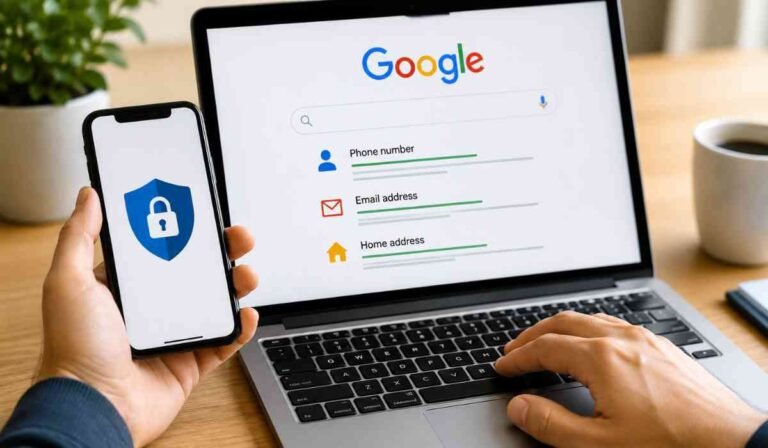 Google Personal Information Removal showing a user checking phone number and address visibility on Google Search for privacy protection.