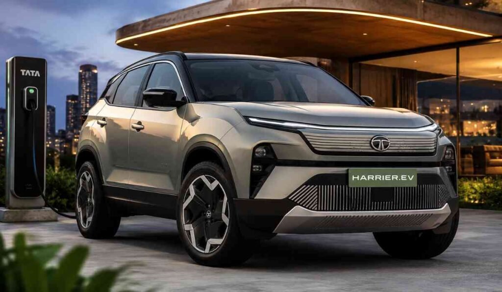 फ्यूचरिस्टिक डिजाइन वाली Tata Harrier EV इलेक्ट्रिक SUV चार्जिंग स्टेशन के पास खड़ी दिखाई दे रही है।