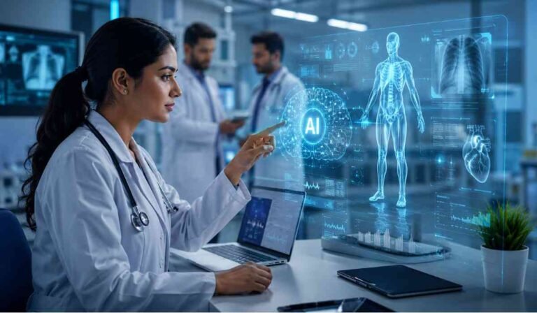 फ्यूचरिस्टिक मेडिकल लैब में AI हेल्थ डेटा स्क्रीन के साथ काम करती महिला डॉक्टर।