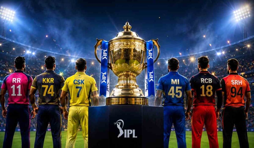 रोशनी से जगमगाते क्रिकेट स्टेडियम में IPL ट्रॉफी के सामने खड़ी अलग-अलग टीमों की जर्सी पहने खिलाड़ी।