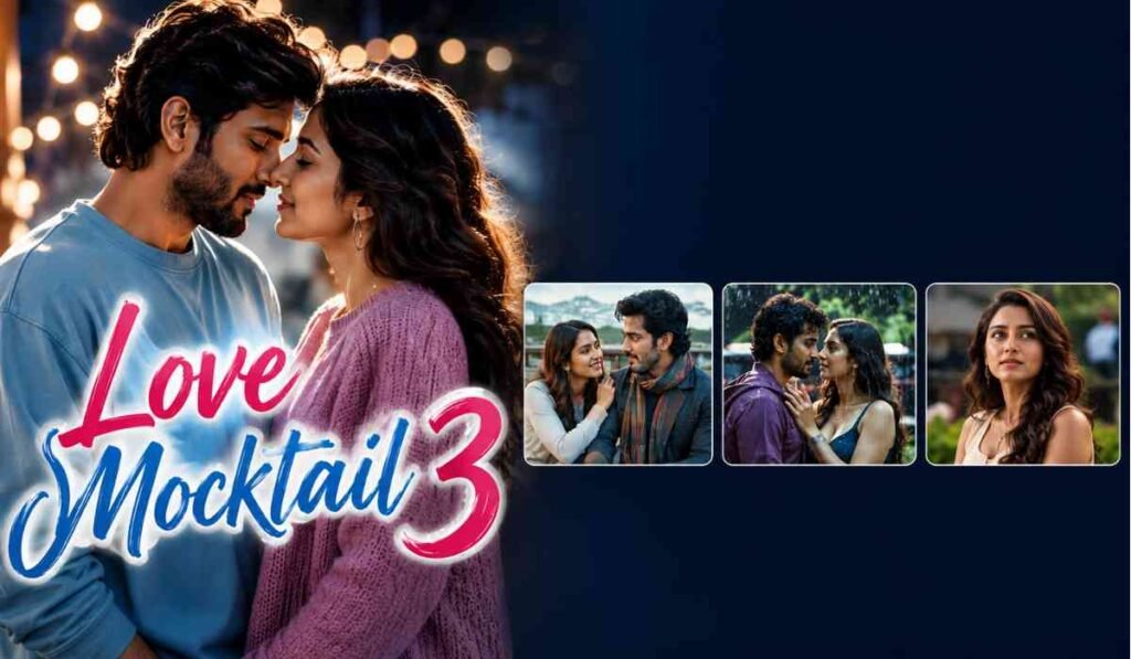 रोमांटिक मूड में नजर आ रहा कपल, साथ में Love Mocktail 3 का सिनेमैटिक पोस्टर और फिल्म के इमोशनल सीन।