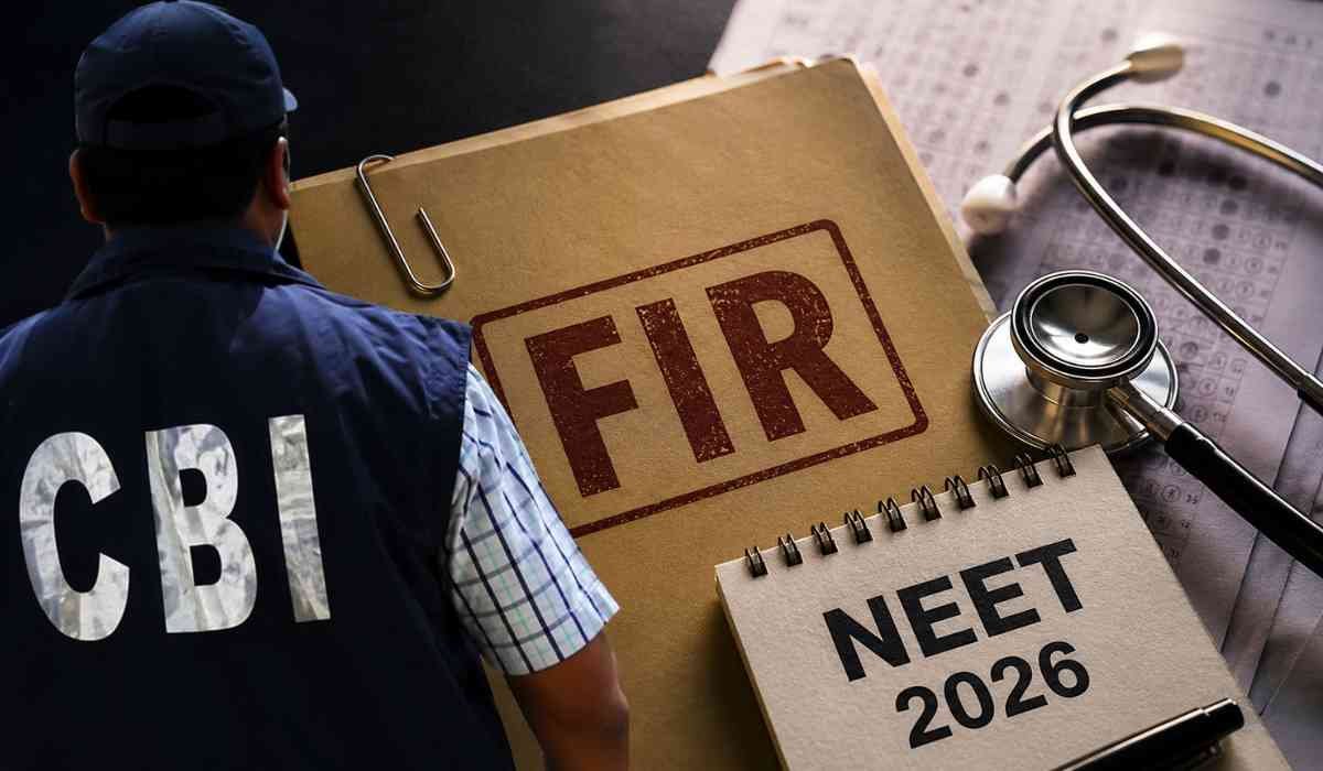 CBI officer investigating NEET UG 2026 paper leak case with FIR file and medical exam documents on desk.