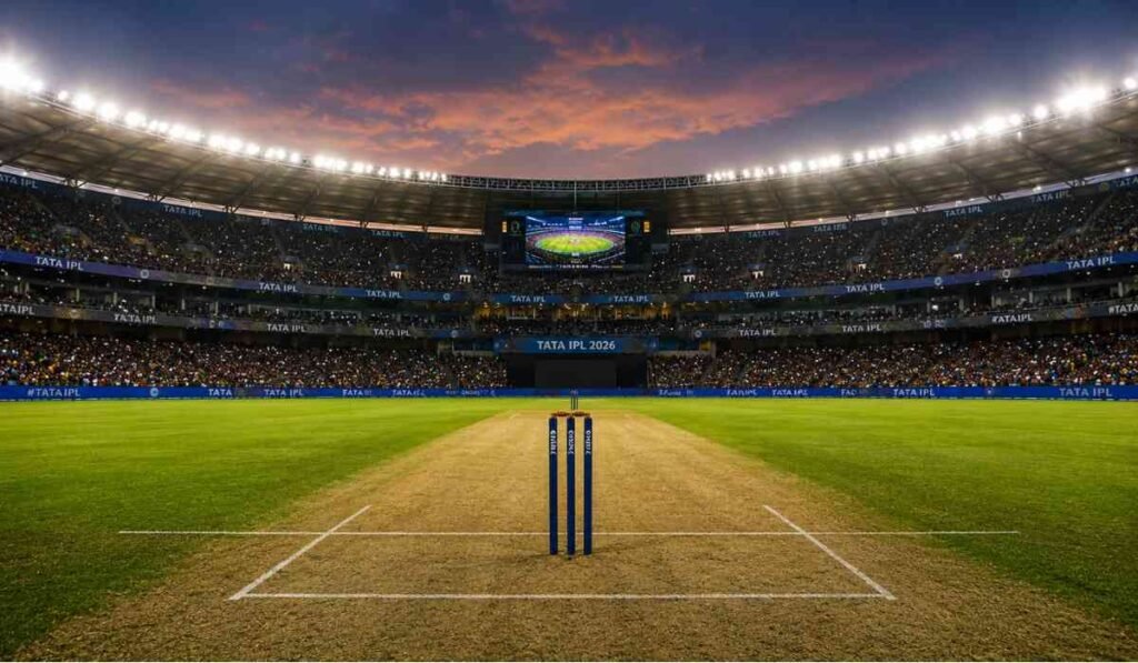 RCB vs GT Pitch Report को दर्शाती इमेज जिसमें नरेंद्र मोदी स्टेडियम की बल्लेबाजी पिच और IPL फाइनल का शानदार माहौल दिखाई दे रहा है।