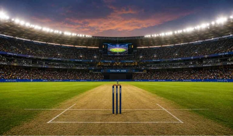 RCB vs GT Pitch Report को दर्शाती इमेज जिसमें नरेंद्र मोदी स्टेडियम की बल्लेबाजी पिच और IPL फाइनल का शानदार माहौल दिखाई दे रहा है।