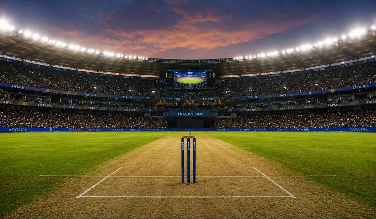 RCB vs GT Pitch Report को दर्शाती इमेज जिसमें नरेंद्र मोदी स्टेडियम की बल्लेबाजी पिच और IPL फाइनल का शानदार माहौल दिखाई दे रहा है।