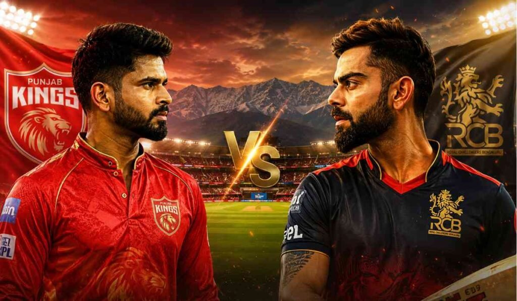 धर्मशाला स्टेडियम में PBKS और RCB खिलाड़ियों के बीच IPL 2026 मुकाबले का सिनेमैटिक पोस्टर
