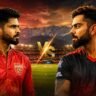 धर्मशाला स्टेडियम में PBKS और RCB खिलाड़ियों के बीच IPL 2026 मुकाबले का सिनेमैटिक पोस्टर