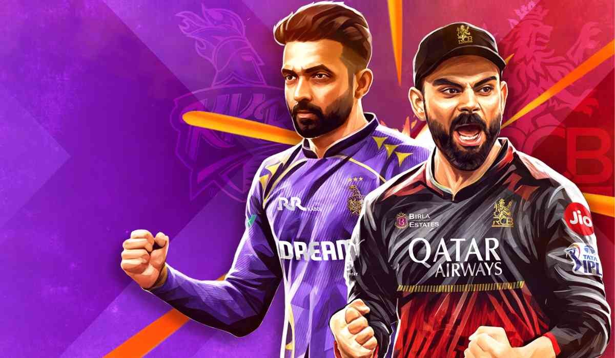 स्टेडियम में आमने-सामने खड़े RCB और KKR के खिलाड़ी, IPL 2026 मुकाबले का पोस्टर