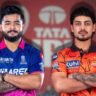 SRH vs RR IPL 2026 Eliminator को दर्शाती हाई-क्वालिटी इमेज जिसमें सनराइजर्स हैदराबाद और राजस्थान रॉयल्स के खिलाड़ी IPL ट्रॉफी के साथ आमने-सामने दिखाई दे रहे हैं।