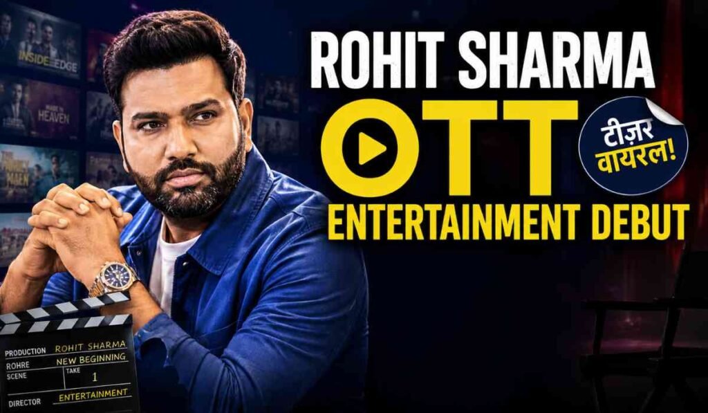 रोहित शर्मा का सिनेमैटिक OTT डेब्यू पोस्टर, जिसमें वह स्टूडियो बैकग्राउंड और एंटरटेनमेंट थीम के साथ दिखाई दे रहे हैं।