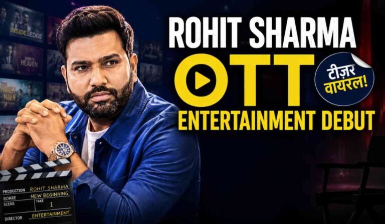 रोहित शर्मा का सिनेमैटिक OTT डेब्यू पोस्टर, जिसमें वह स्टूडियो बैकग्राउंड और एंटरटेनमेंट थीम के साथ दिखाई दे रहे हैं।