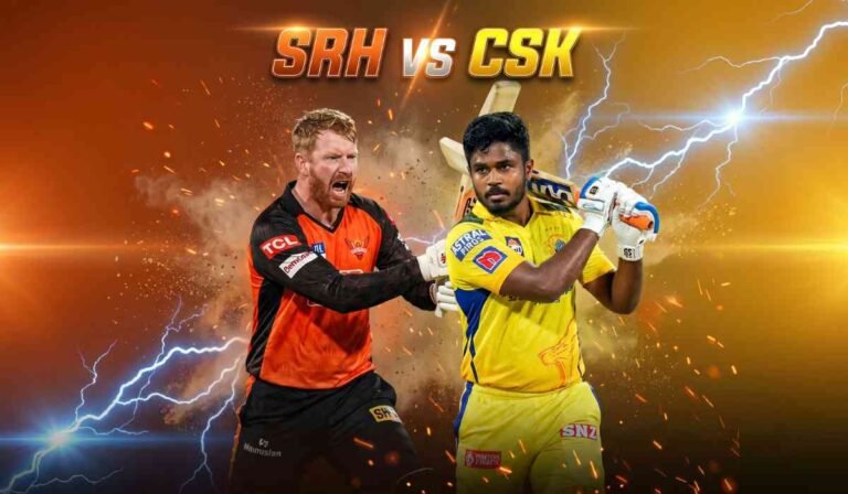 चेन्नई सुपर किंग्स और सनराइजर्स हैदराबाद के खिलाड़ियों की IPL 2026 मैच से पहले स्टेडियम में आमने-सामने खड़े हुए हाई-क्वालिटी 4K विजुअल इमेज।