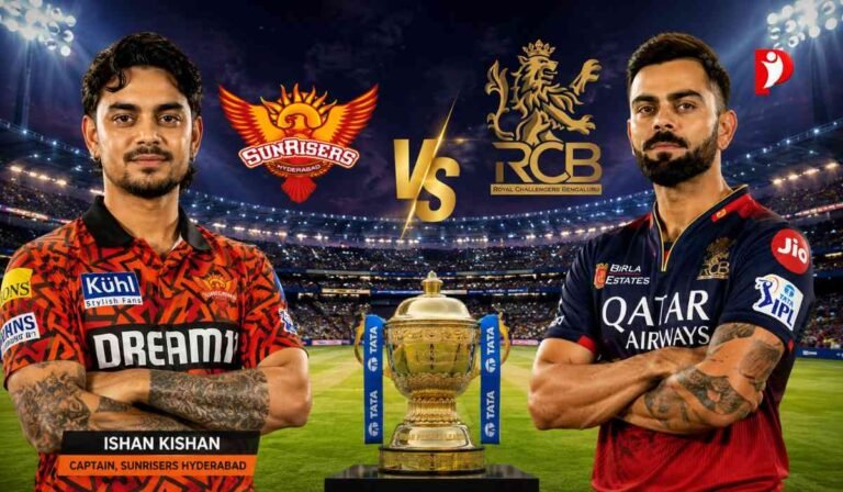 आज का IPL 2026 मैच: SRH vs RCB मुकाबले से तय होगी क्वालीफायर-1 की तस्वीर, दोनों टीमों पर रहेंगी निगाहें 7 आज का IPL 2026 मैच दर्शाती हाई-क्वालिटी इमेज जिसमें SRH कप्तान Ishan Kishan और RCB स्टार Virat Kohli आमने-सामने दिखाई दे रहे हैं।