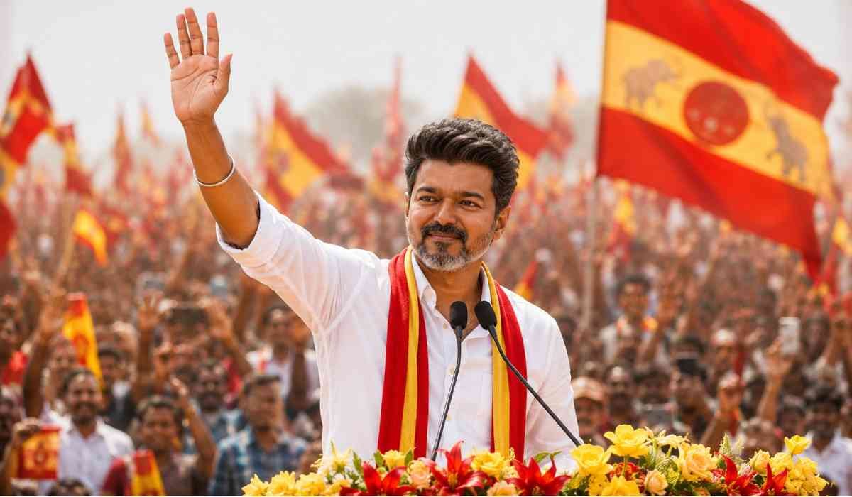 तमिलनाडु में राजनीतिक रैली के दौरान समर्थकों का अभिवादन करते अभिनेता विजय
