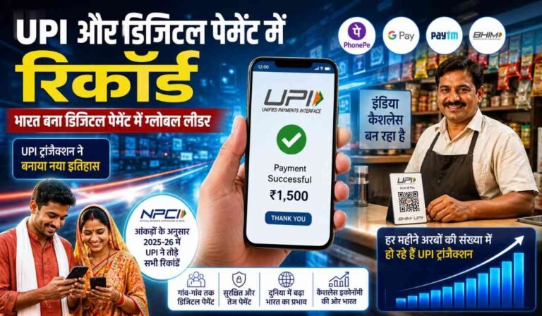 UPI डिजिटल पेमेंट से भुगतान करता व्यक्ति, मोबाइल स्क्रीन पर सफल ट्रांजैक्शन और QR कोड स्कैन करता दुकानदार
