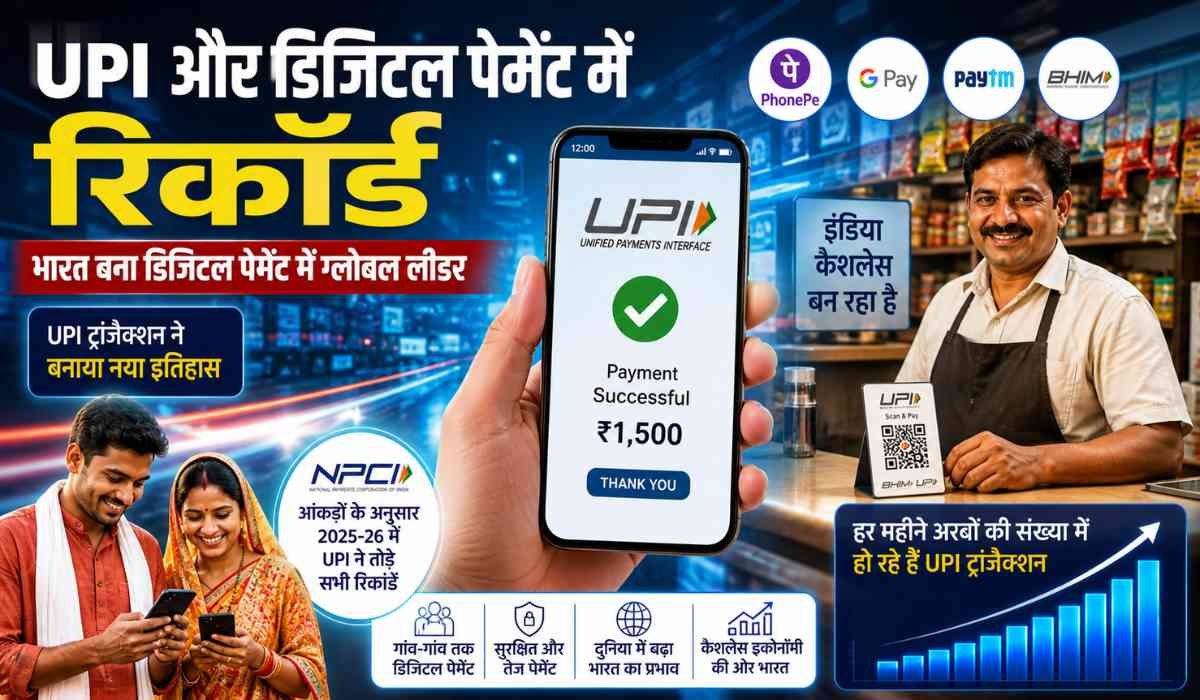 UPI डिजिटल पेमेंट से भुगतान करता व्यक्ति, मोबाइल स्क्रीन पर सफल ट्रांजैक्शन और QR कोड स्कैन करता दुकानदार