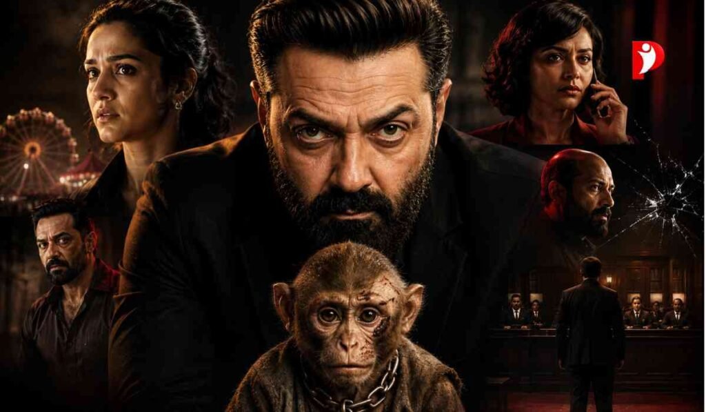 डार्क बैकग्राउंड में गंभीर लुक में नजर आ रहे Bobby Deol, सामने घायल बंदर और कोर्टरूम सीन के साथ सस्पेंस भरा फिल्म पोस्टर।