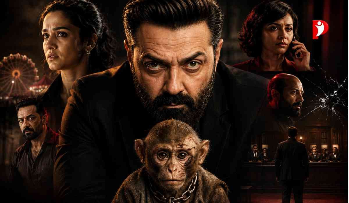 डार्क बैकग्राउंड में गंभीर लुक में नजर आ रहे Bobby Deol, सामने घायल बंदर और कोर्टरूम सीन के साथ सस्पेंस भरा फिल्म पोस्टर।