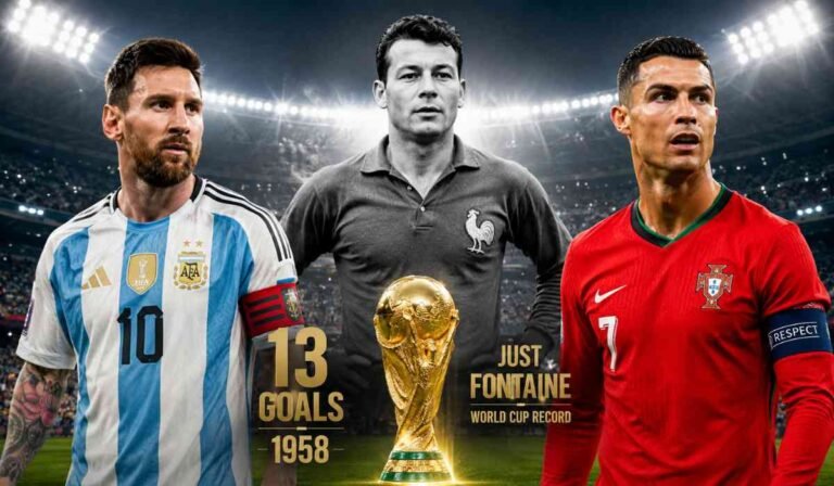 FIFA World Cup 2026: मेसी-रोनाल्डो नहीं, इस दिग्गज खिलाड़ी के नाम है एक वर्ल्ड कप में सबसे ज्यादा गोल का रिकॉर्ड 5 फीफा वर्ल्ड कप ट्रॉफी के साथ लियोनेल मेसी, क्रिस्टियानो रोनाल्डो और फ्रांस के दिग्गज जस्ट फोंटेन की शानदार स्पोर्ट्स पोस्टर शैली की तस्वीर।