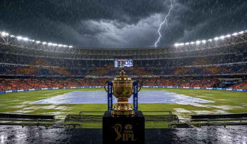 RCB vs GT Final Weather को दर्शाती इमेज जिसमें बारिश के बीच नरेंद्र मोदी स्टेडियम में रखी IPL ट्रॉफी दिखाई दे रही है।