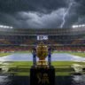 RCB vs GT Final Weather को दर्शाती इमेज जिसमें बारिश के बीच नरेंद्र मोदी स्टेडियम में रखी IPL ट्रॉफी दिखाई दे रही है।