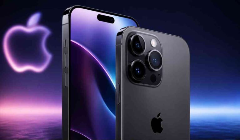डार्क बैकग्राउंड में दिखाई दे रहे प्रीमियम Apple iPhone 18 Pro स्मार्टफोन का फ्रंट और बैक डिजाइन।