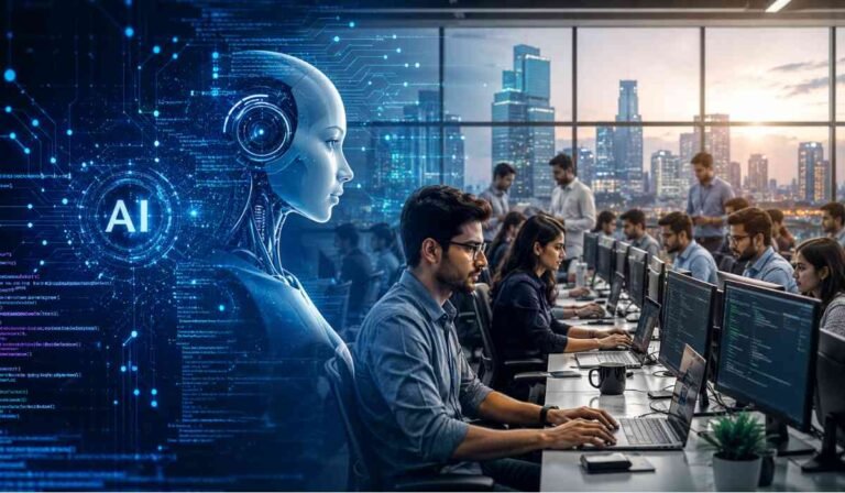 फ्यूचरिस्टिक AI रोबोट और ऑफिस में काम करते भारतीय IT प्रोफेशनल्स का टेक्नोलॉजी थीम वाला दृश्य।