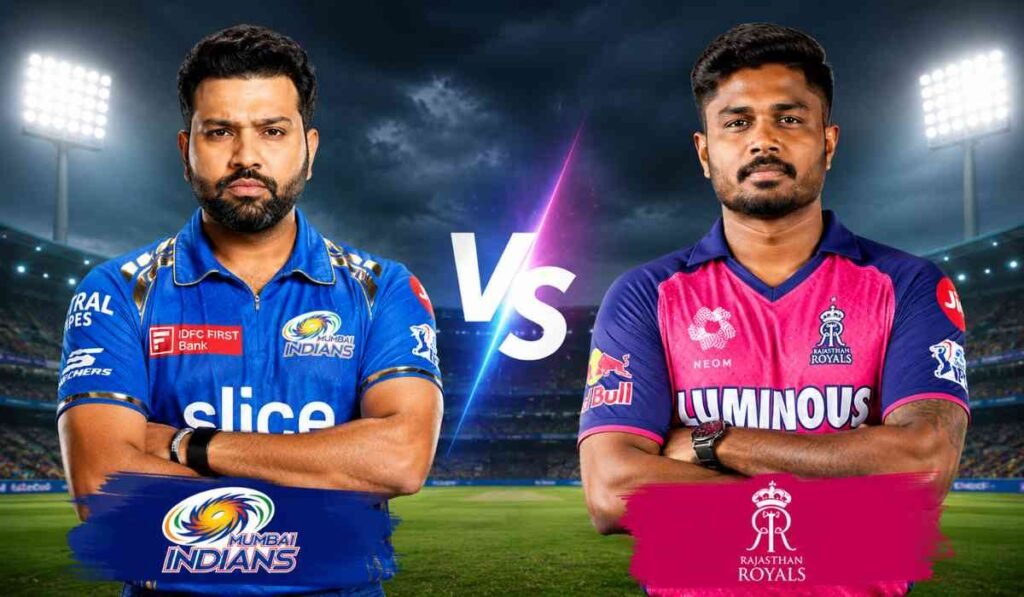 वानखेड़े स्टेडियम की पृष्ठभूमि में मुंबई इंडियंस और राजस्थान रॉयल्स के कप्तानों की मुकाबले से पहले की प्रमोशनल तस्वीर, आसमान में काले बादल और बीच में VS ग्राफिक।