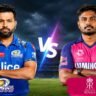 वानखेड़े स्टेडियम की पृष्ठभूमि में मुंबई इंडियंस और राजस्थान रॉयल्स के कप्तानों की मुकाबले से पहले की प्रमोशनल तस्वीर, आसमान में काले बादल और बीच में VS ग्राफिक।