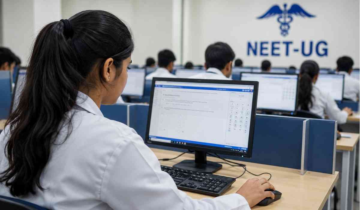 NEET UG CBT Exam 2027 को दर्शाती इमेज जिसमें एक छात्रा कंप्यूटर स्क्रीन पर ऑनलाइन मेडिकल एंट्रेंस एग्जाम देती हुई दिखाई दे रही है।