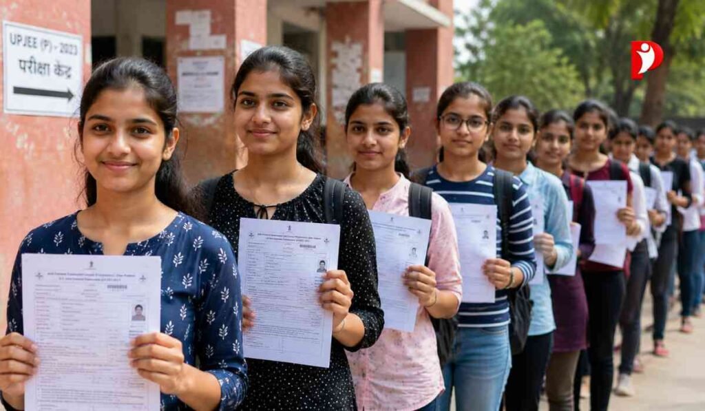 UP Polytechnic Exam 2026 को दर्शाती इमेज जिसमें छात्राएं परीक्षा फॉर्म और एडमिट कार्ड लेकर परीक्षा केंद्र के बाहर लाइन में खड़ी दिखाई दे रही हैं।