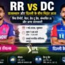RR vs DC IPL 2026 मैच पोस्टर जिसमें राजस्थान रॉयल्स और दिल्ली कैपिटल्स के खिलाड़ी, मैच टाइम, पिच रिपोर्ट और वेदर जानकारी दिखाई गई है