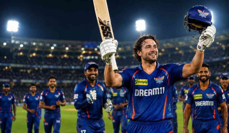 IPL 2026: मिशेल मार्श के तूफान में उड़ी RCB, LSG ने रोमांचक मुकाबले में 6 रन से दर्ज की जीत 7 आईपीएल 2026 मैच में जीत के बाद लखनऊ सुपर जायंट्स के खिलाड़ी मैदान पर जश्न मनाते हुए, स्टेडियम की रोशनी में बल्लेबाज बल्ला और हेलमेट उठाए नजर आ रहा है।