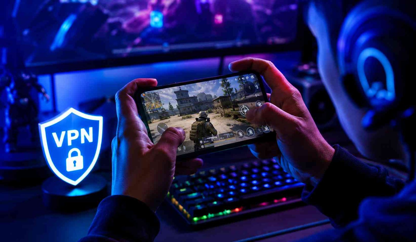 VPN For Online Gaming को दर्शाती इमेज जिसमें एक गेमर मोबाइल पर ऑनलाइन गेम खेलते हुए VPN सिक्योरिटी का इस्तेमाल करता दिखाई दे रहा है।