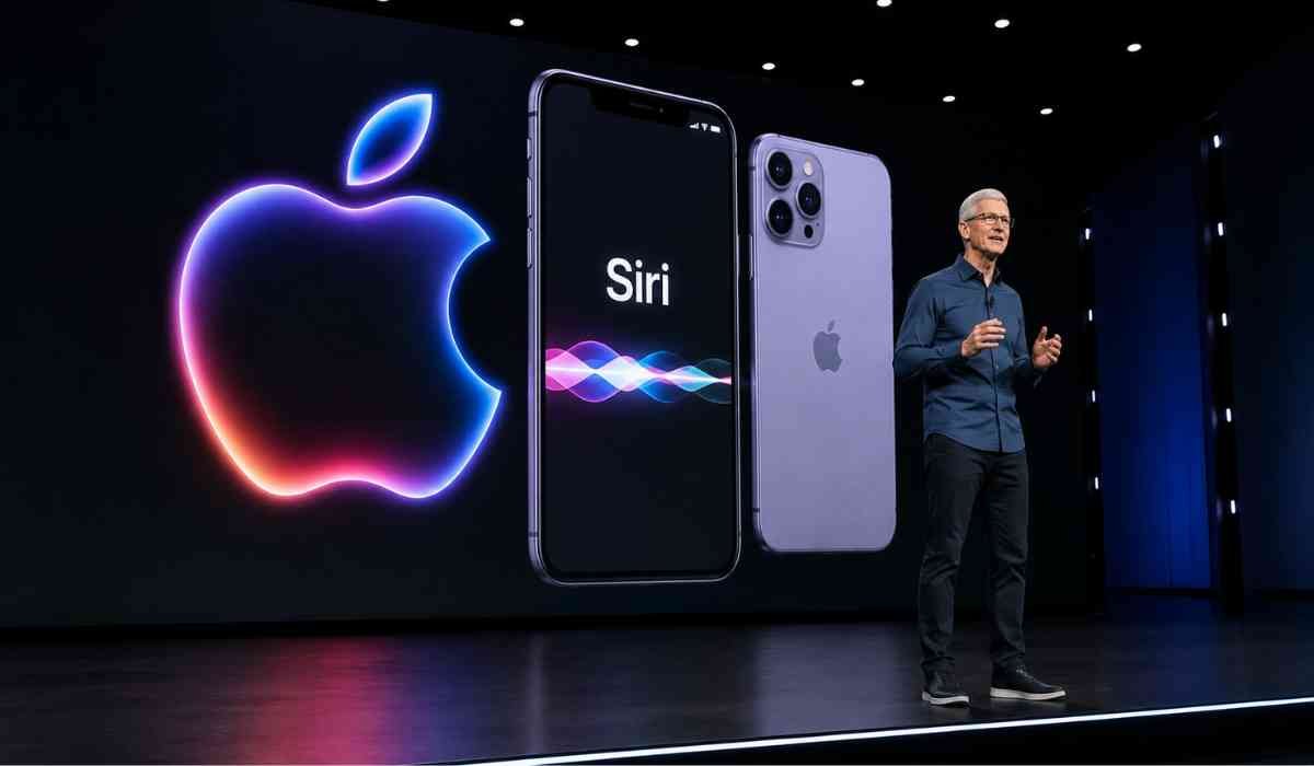 Apple AI Strategy से जुड़ी तस्वीर, जिसमें WWDC इवेंट के दौरान Siri, Apple Intelligence और AI तकनीक से जुड़े नए फीचर्स को प्रस्तुत करते हुए दिखाया गया है।