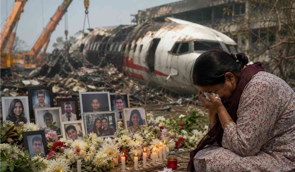 AI 171 Crash Investigation Report से जुड़ी भावुक तस्वीर, जिसमें विमान हादसे में जान गंवाने वाले लोगों की याद में शोक व्यक्त करती एक महिला और श्रद्धांजलि स्थल दिखाई दे रहा है।