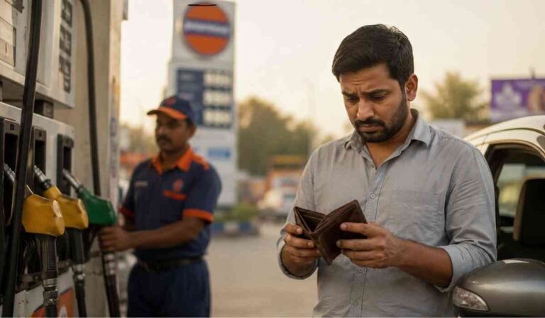 Petrol Diesel Prices Today से जुड़ी भावनात्मक तस्वीर, जिसमें पेट्रोल पंप पर बढ़ती ईंधन कीमतों के बीच चिंतित वाहन चालक और आम लोगों की आर्थिक परेशानियां दिखाई गई हैं।