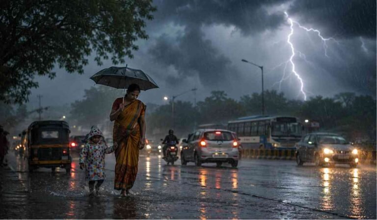 Weather Alert Today से जुड़ी भावनात्मक तस्वीर, जिसमें भारी बारिश, बिजली चमकने और तेज तूफान के बीच एक महिला अपने बच्चे को सुरक्षित लेकर जाती हुई दिखाई दे रही है।