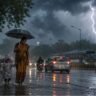 Weather Alert Today से जुड़ी भावनात्मक तस्वीर, जिसमें भारी बारिश, बिजली चमकने और तेज तूफान के बीच एक महिला अपने बच्चे को सुरक्षित लेकर जाती हुई दिखाई दे रही है।