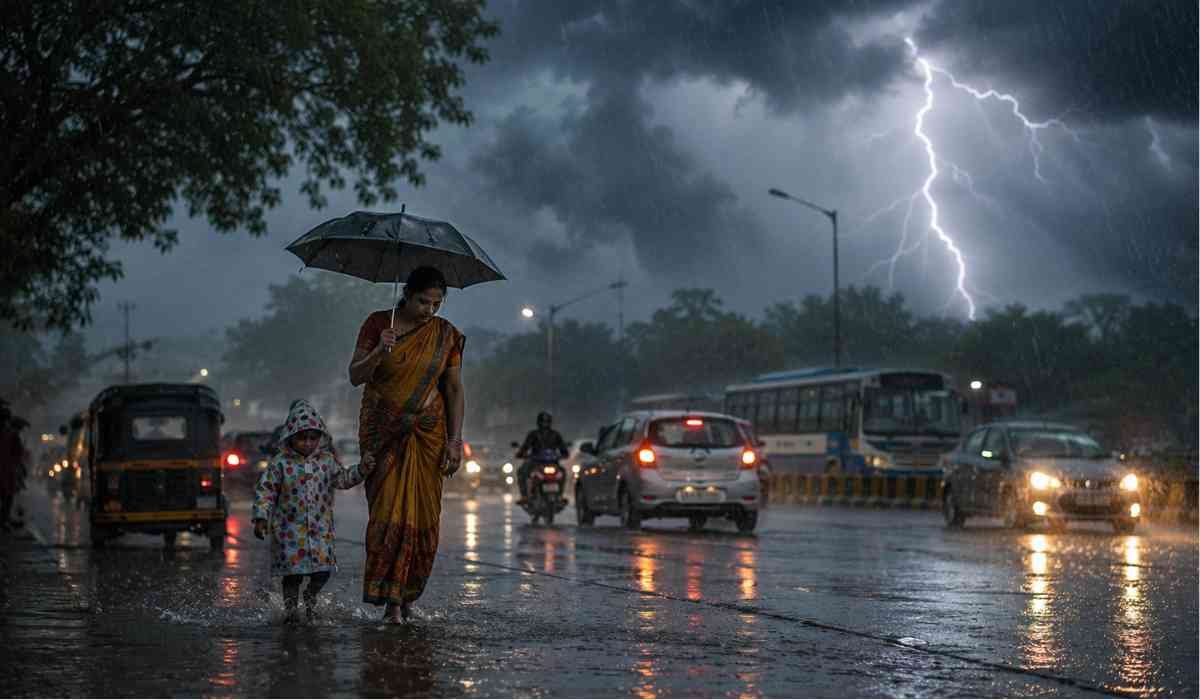 Weather Alert Today से जुड़ी भावनात्मक तस्वीर, जिसमें भारी बारिश, बिजली चमकने और तेज तूफान के बीच एक महिला अपने बच्चे को सुरक्षित लेकर जाती हुई दिखाई दे रही है।