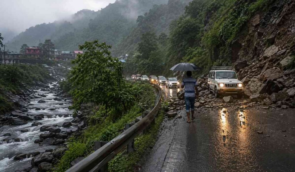 Monsoon Travel Alert से जुड़ी यथार्थवादी तस्वीर, जिसमें पहाड़ी इलाके में भारी बारिश, भूस्खलन से बाधित सड़क और यात्रा कर रहे लोग दिखाई दे रहे हैं।