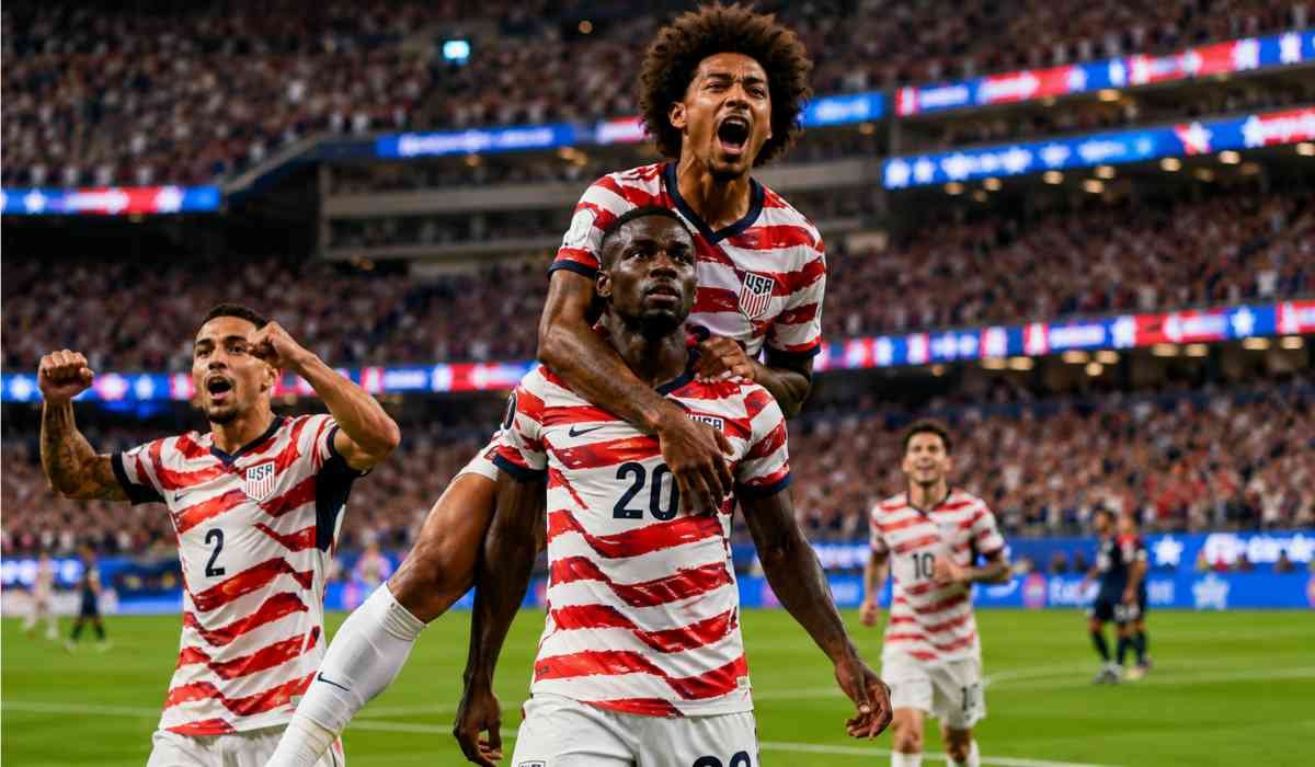 USA vs Paraguay World Cup मैच में गोल करने के बाद जश्न मनाते अमेरिकी खिलाड़ी, विश्व कप में अमेरिका की शानदार जीत का दृश्य।
