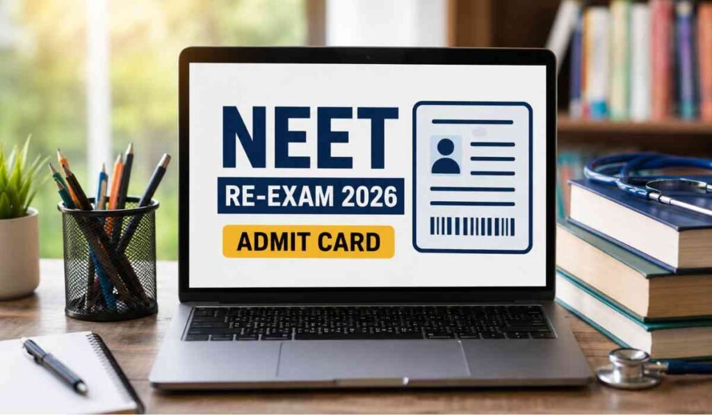 NEET Re-Exam Admit Card 2026 डाउनलोड करने की तैयारी करते छात्र का प्रतीकात्मक दृश्य, लैपटॉप स्क्रीन पर एडमिट कार्ड और मेडिकल प्रवेश परीक्षा से जुड़ी सामग्री दिखाई दे रही है।