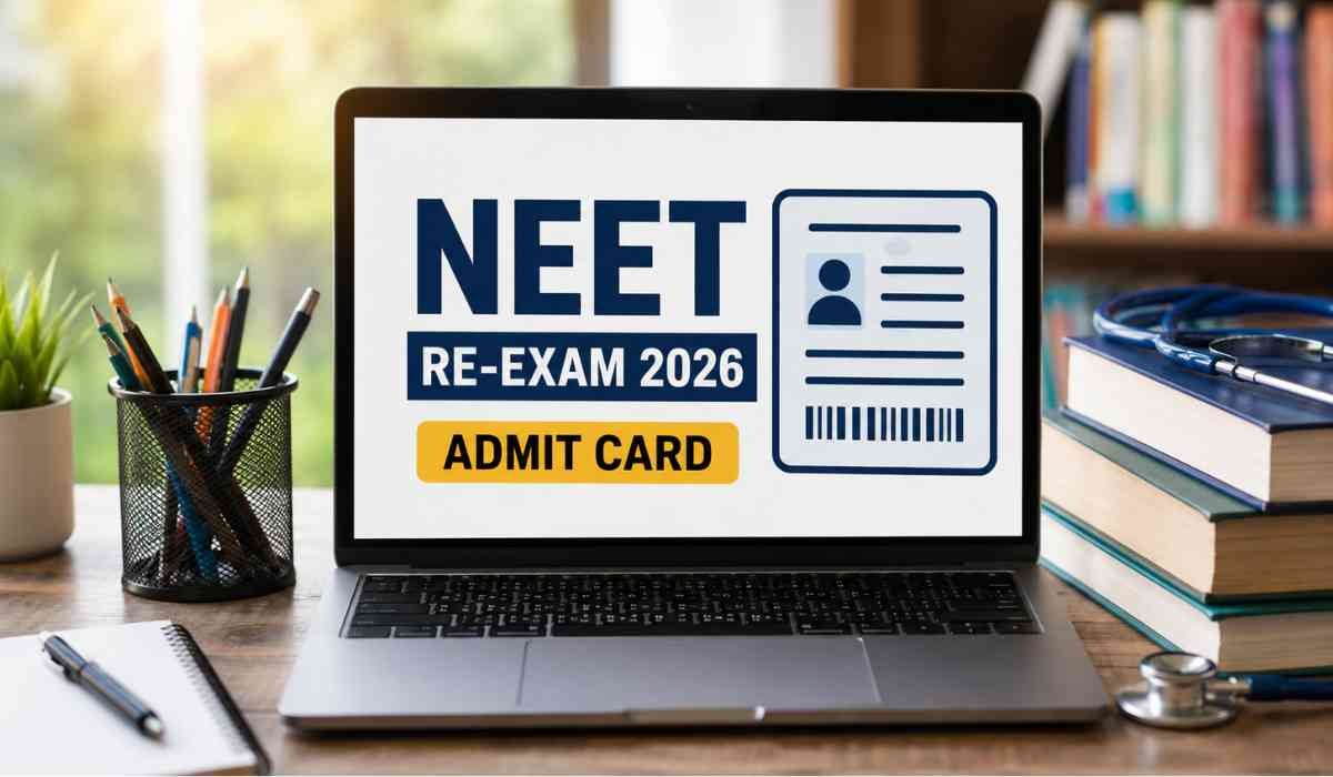 NEET Re-Exam Admit Card 2026 डाउनलोड करने की तैयारी करते छात्र का प्रतीकात्मक दृश्य, लैपटॉप स्क्रीन पर एडमिट कार्ड और मेडिकल प्रवेश परीक्षा से जुड़ी सामग्री दिखाई दे रही है।