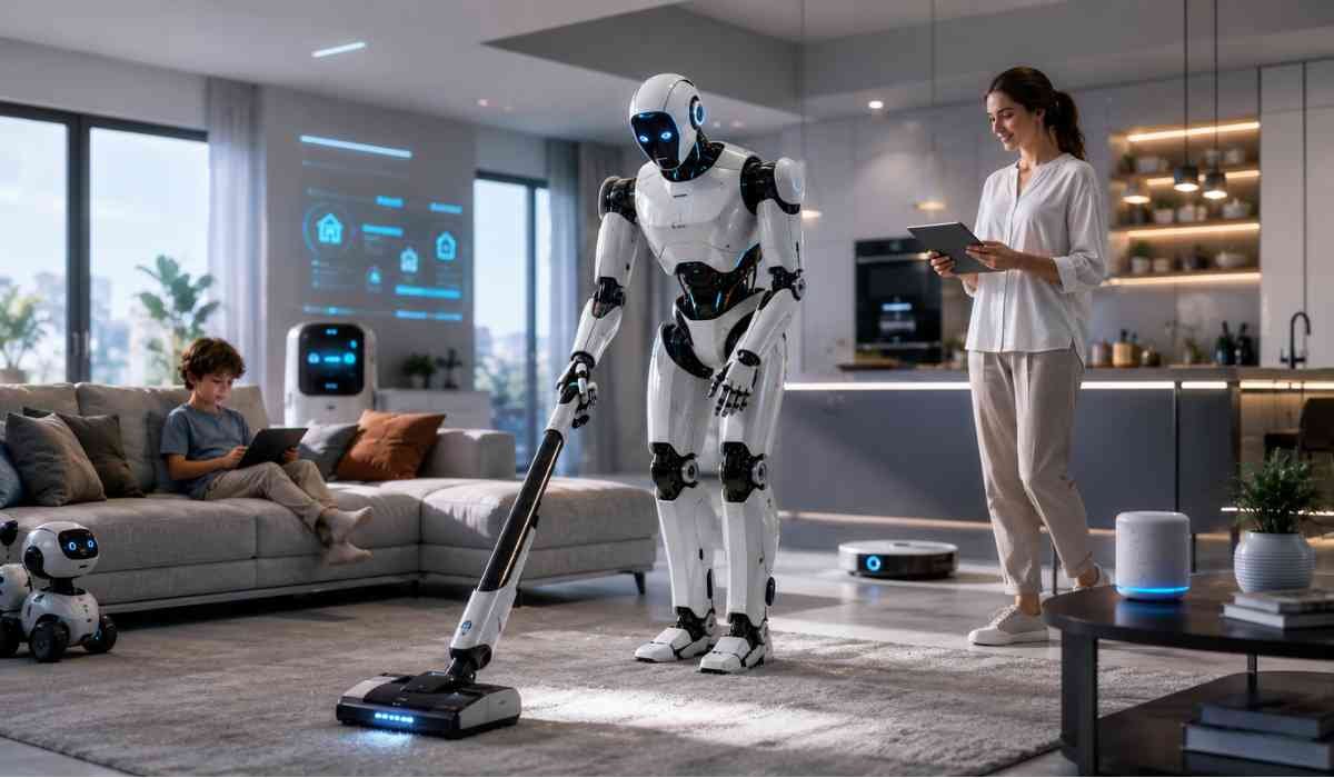 Personal AI Robot को दर्शाती इमेज जिसमें futuristic humanoid AI robot इंसानों के साथ काम करता दिखाई दे रहा है।