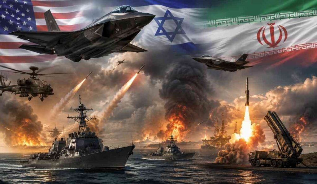 US Israel Iran War News से संबंधित सांकेतिक तस्वीर, जिसमें अमेरिका, इजरायल और ईरान के बीच बढ़ते सैन्य तनाव, मिसाइल हमले, लड़ाकू विमान और युद्ध जैसी स्थिति को दर्शाया गया है।